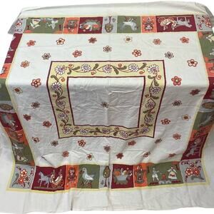 Vintage Startex Cottage Core Floral Pigeon Horse Dining Table Cloth Tablecloth